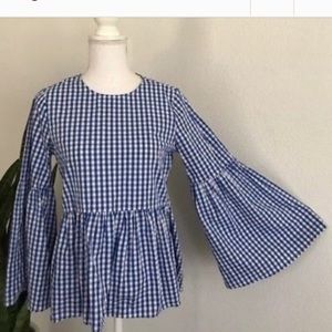 Who What Wear • Blue and white gingham bell sleeve